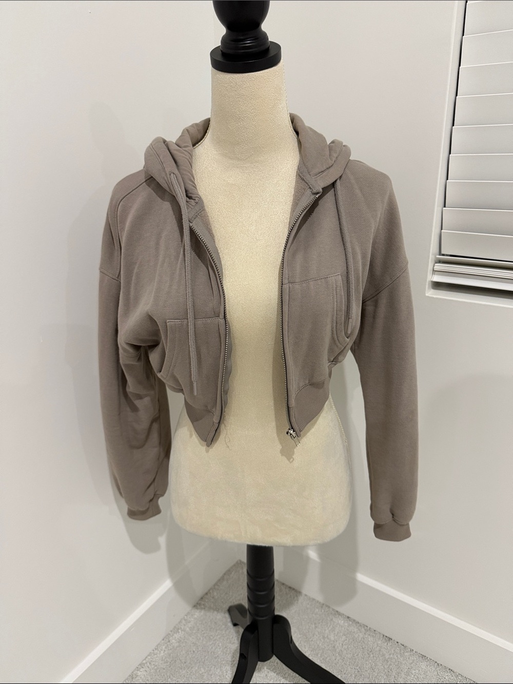 Cropped Hooded Zip-Up Jacket - Taupe